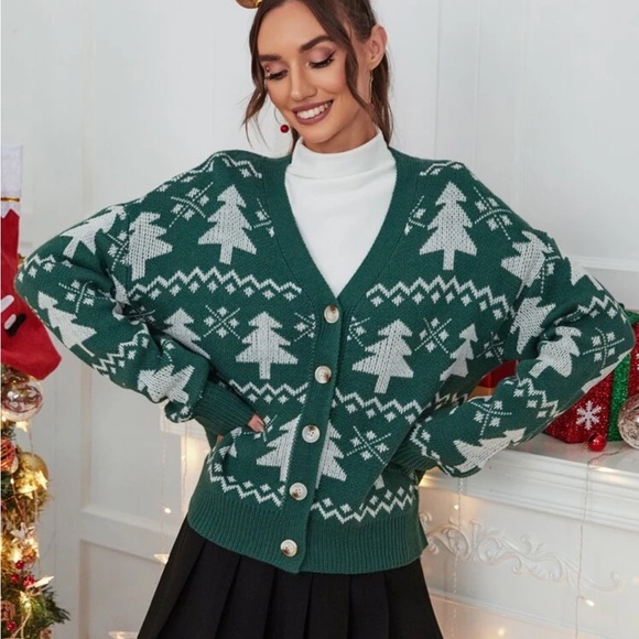 Christmas Tree Pattern Drop Shoulder V Neck Cardigan - Picture 4 of 11